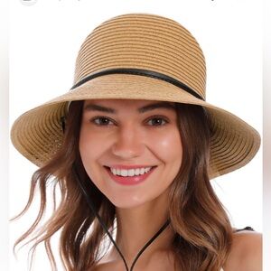 Furtalk New Straw Wide Brim Hat with Ajustable Chin‎ Strap. Inner Velcro Adj. M
